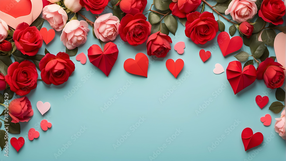 A romantic and charming visual of red and pink roses with paper crafted hearts symmetrically arranged on a lovely turquoise background