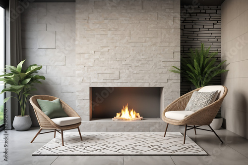 Modern room concept interior style, chair fireplace frame wicker carpet decoration, grey stone wall background. Modern living room