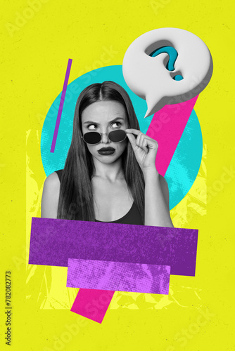 Vertical photo collage of serious pretty young girl watch text box question mark hold sunglass speak bubble isolated on painted background