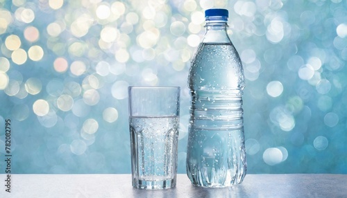 Flasche Wasser mit eine Glas voll gefüllt mit reinen gesunden Trinkwasser,  photo