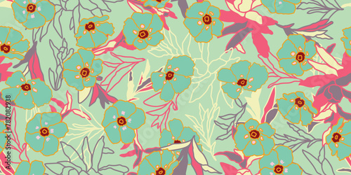 Cistus ladanifer seamless pattern. Cosmetic, perfumery and medical plant. Vector hand drawn illustration. 