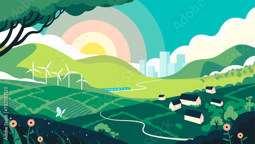 Layered Vector Sunset over Eco Friendly Environment City and Town with Rolling Hills with Flowers (ID: 782083120)