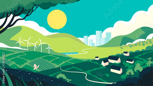 Layered Vector Eco Friendly Environment City and Town with Rolling Hills in the Daytime with Flowers (ID: 782083122)