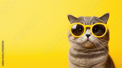 Funny cat in bow tie and glasses sitting on yellow background © Bushra