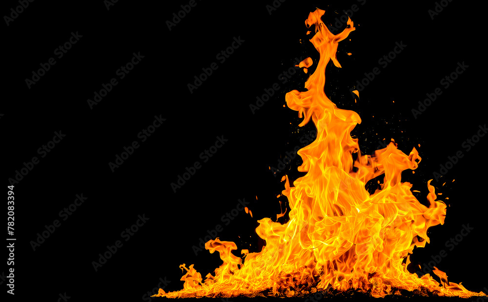 flame fire isolated on black. Bright orange flames dance on dark background, intense heat and energy, flames leap and twist, creating intricate patterns, illuminate darkness flame fire isolated on black. Bright orange flames dance on dark background, intense heat and energy, flames leap and twist, creating intricate patterns, illuminate darkness