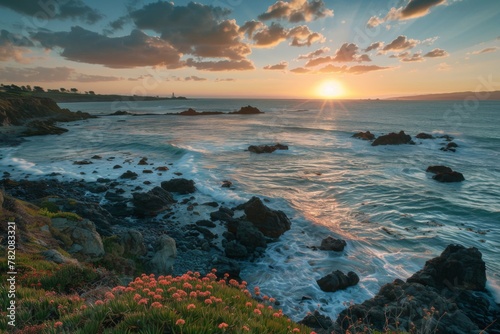 a sunset over the ocean with rocks and flowers in the foreground © Gromik