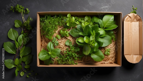 A mix of fresh herbs arranged in a cardboard box, ideal for culinary concepts and healthy eating