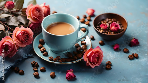 A soothing setup of a cerulean blue coffee cup surrounded by scattered coffee beans and vibrant roses