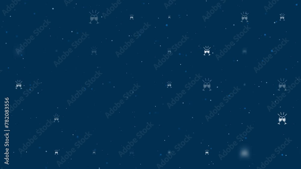 Template animation of evenly spaced champagne toast symbols of different sizes and opacity. Animation of transparency and size. Seamless looped 4k animation on dark blue background with stars Template animation of evenly spaced champagne toast symbols of different sizes and opacity. Animation of transparency and size. Seamless looped 4k animation on dark blue background with stars