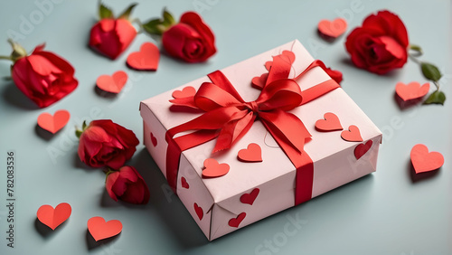 A charming romantic scene of a gift box tied with a pink ribbon, eloquently complemented by vibrant red roses and scattered red hearts on a blue background photo