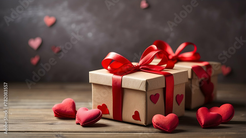 Two beautifully wrapped gifts adorned with elegant red ribbons and surrounded by red hearts set against a rustic wooden background, creating a romantic atmosphere