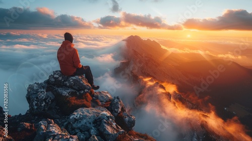 A man sitting on top of a mountain overlooking the clouds, AI