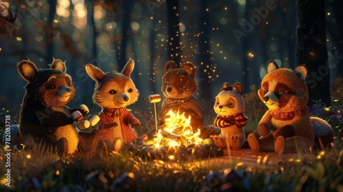 animals gathered around a bonfire  roasting marshmallows and sharing stories  their laughter mingling with the crackle of flames as they enjoy the warmth of friendship