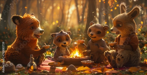 animated animals sitting in a circle, sharing funny stories and jokes with each other, their faces lit up with smiles and their eyes twinkling with mirth