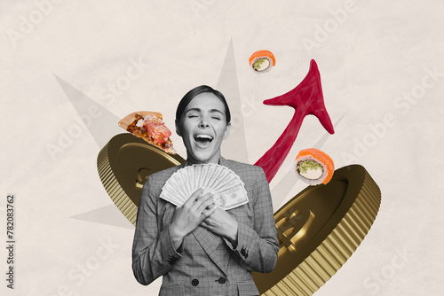 Creative poster image collage young girl banknotes cash millionaire golden tokens coins trader earnings investor asian food pizza junk diet