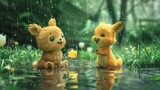 baby animals playing in a puddle after a rainstorm, their laughter bubbling up as they splash and frolic in the water, their joy contagious as they revel in the simple pleasures of rainy day fun