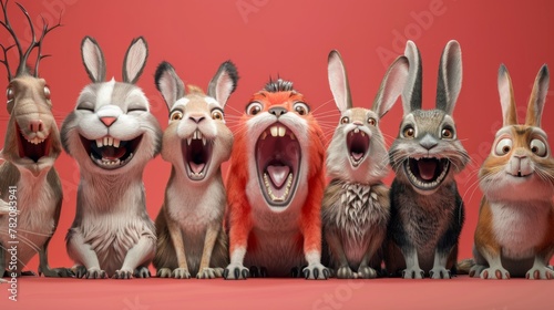 group of animated animals enjoying a joke, with each one doubling over in laughter and clutching their sides, their mouths wide open in infectious giggles
