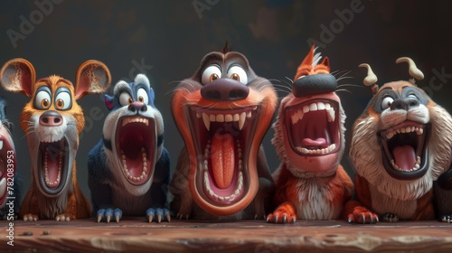 group of animated animals enjoying a joke, with each one doubling over in laughter and clutching their sides, their mouths wide open in infectious giggles photo