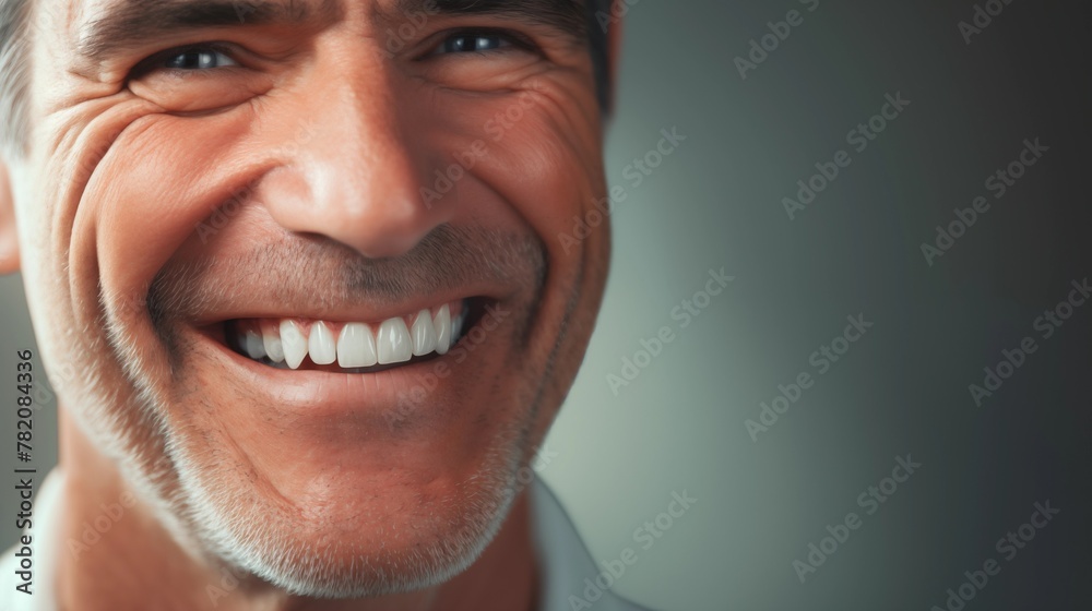 Close-Up of a Joyful Middle-Aged Man with a Genuine Smile and Healthy Teeth