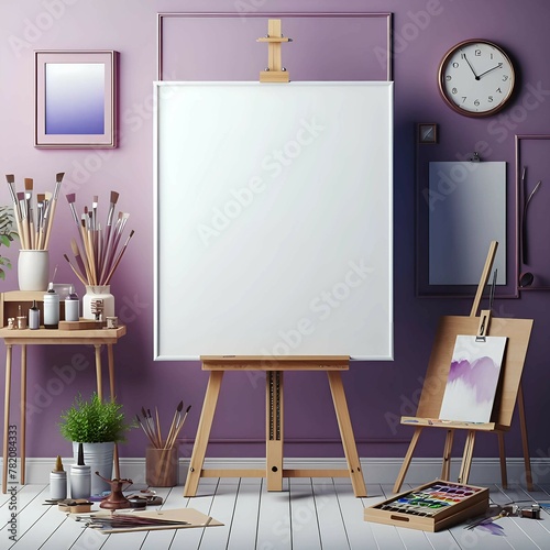 Easel with blank canvas and brush in art studio, suitable for mock up