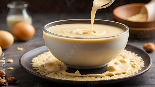 Deliciously smooth custard served in a glass bowl, with ingredients like eggs and almonds scattered around