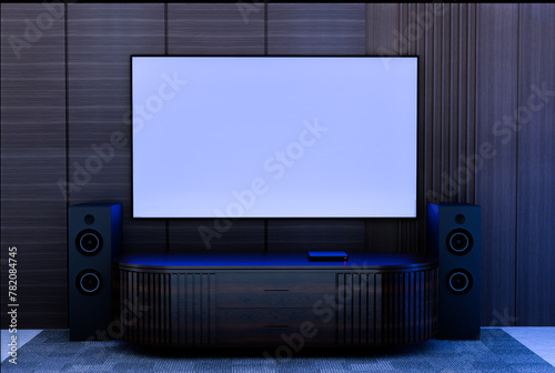 Tv mockup in living room at night. Blank white tv screen. Contemporary and comfortable living room at night interior design with large TV screen on wall