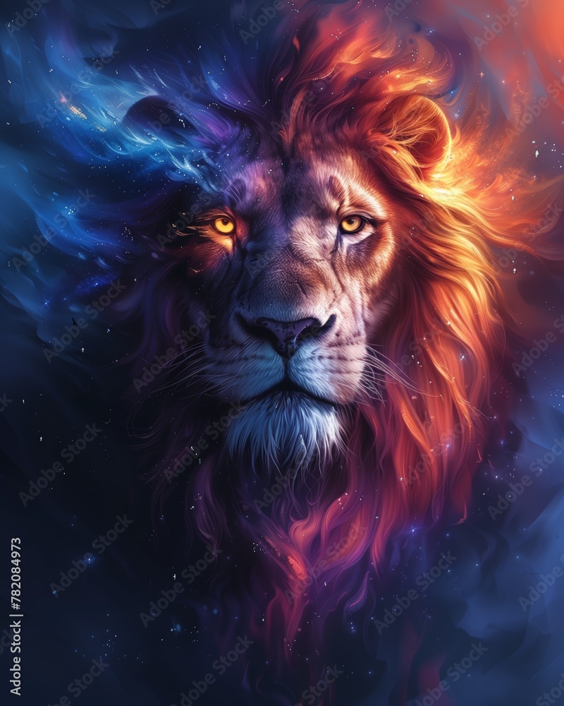 Painting of Lion portrait, with glittering stars and vibrant colors