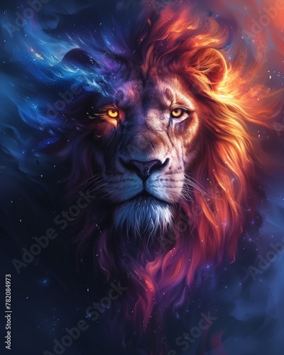 Painting of Lion portrait, with glittering stars and vibrant colors