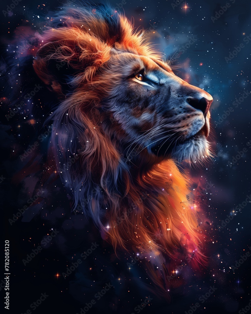 Fototapeta premium Majestic Lion Portrait in Cosmic Night Sky