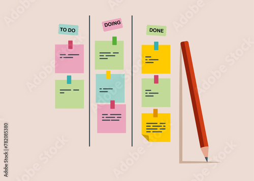 Todo list, in progress task and finished one, project management or planning for production. Flat vector illustration. 