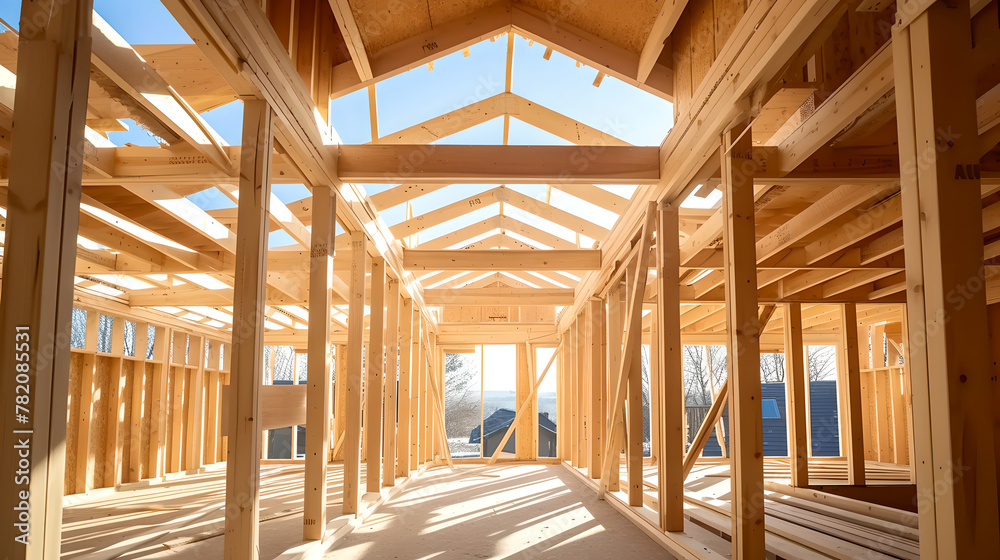  interior view of a wooden house frame under construction , Wooden foundations and columns, future house, preserving the environment, building real estate , dream home, blue sky