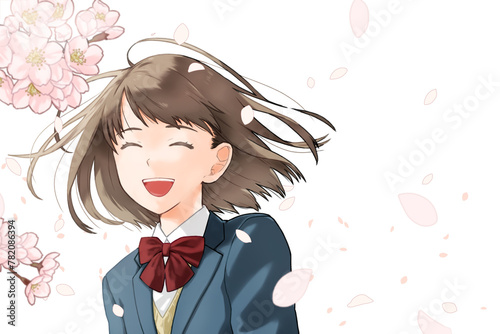 桜吹雪と笑っている女子学生