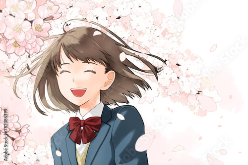 桜を背景に笑っている女子学生