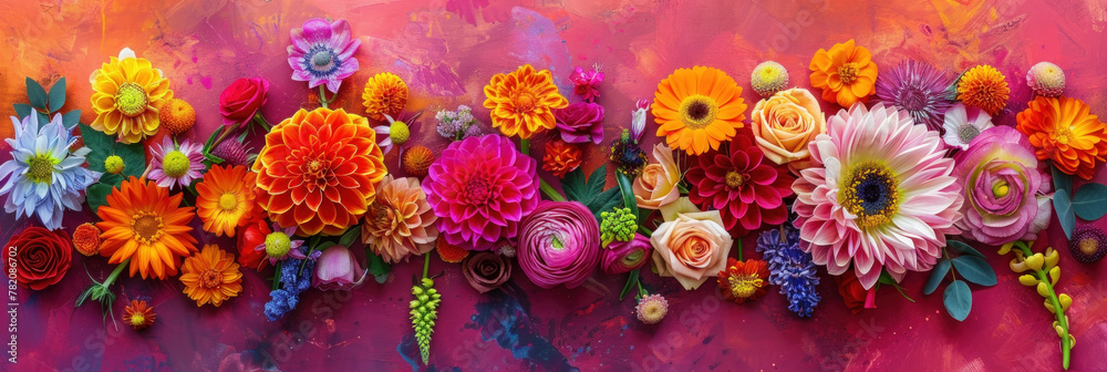 A colorful painting of various flowers with vibrant petals on a soft pink background A colorful painting of various flowers with vibrant petals on a soft pink background