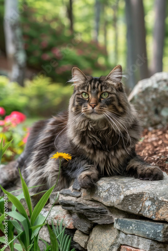 A cat perched on top of a stone wall, looking around curiously © sommersby