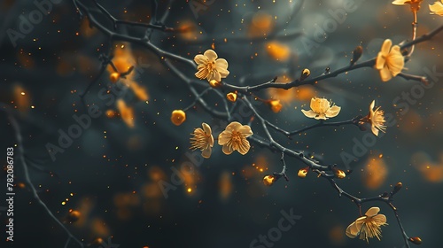Digital golden cherry blossom flower poster PPT background