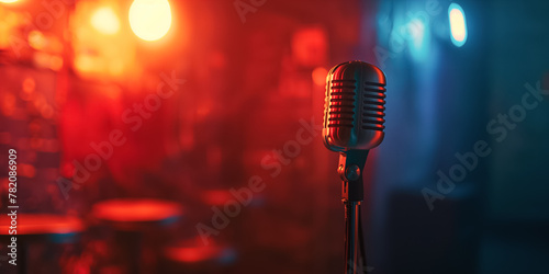 Vintage Microphone on Stage with Red and Blue Lighting