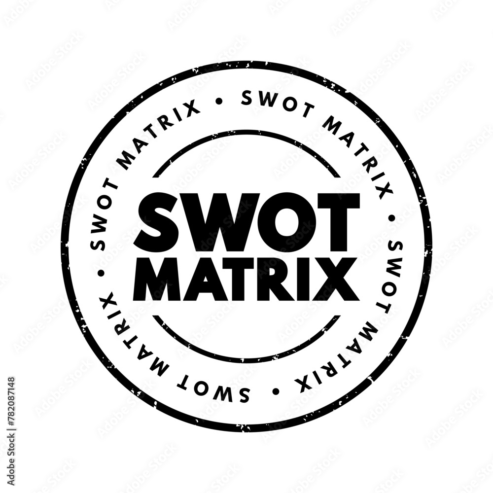 SWOT matrix is a strategic planning tool used to identify and analyze the Strengths, Weaknesses, Opportunities, and Threats related to a business, project, or situation, text concept stamp