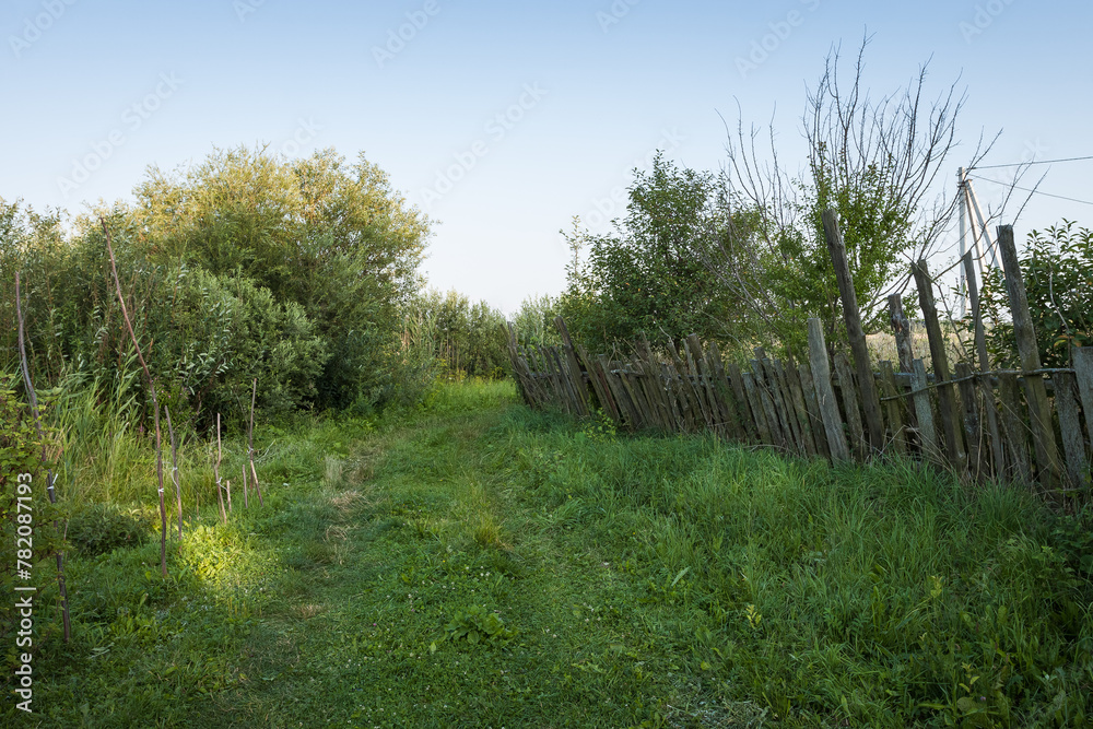 Rural landscape with an old fallen wooden fence and a grassy road
