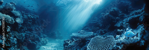 An underwater scene showing sunlight streaming through the water, illuminating a diverse coral reef ecosystem teeming with marine life