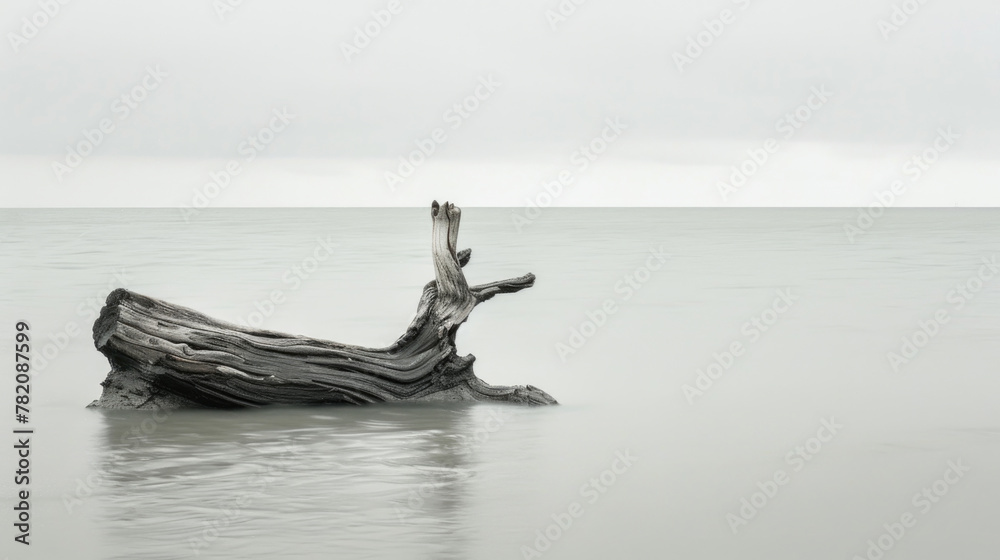 Fototapeta premium A piece of driftwood lies floating in the center of a clear body of water, surrounded by rippling waves under a cloudy sky