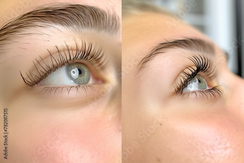 Close-up of a woman's eyes with long, thick eyelashes before and after a lash lift procedure, highlighting the difference in volume and length between natural lashes and after lashes. Beauty and care
