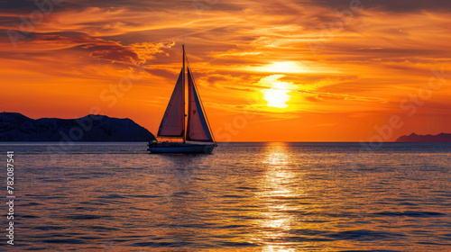 A sailboat is sailing gracefully in the vast ocean as the sun sets on the horizon, coloring the sky with hues of orange and pink