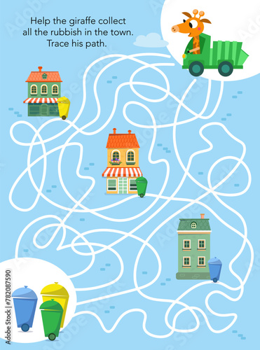 Maze game, activity for children. Puzzle for kids. Rubbish truck and waste sorting. Vector illustration