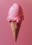A pink ice cream cone with a big pink scoop melting on a pink background.