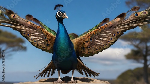 Flight of Elegance: Peacock Midflight Capturing its Magnificent Spread photo