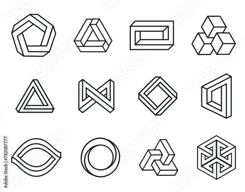 A set of non-existent geometric shapes. Tangled geometric puzzle shapes