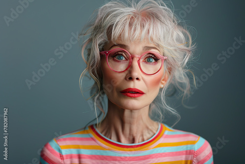 An elegant elderly lady with a modern hairstyle and soft blue eyes. The look is filled with confidence and inner peace. Concept of a successful and stylish woman. Classic atmosphere and modern style. © evgenii