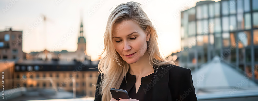 Fototapeta premium Blonde executive woman on a rooftop consulting mobile phone.