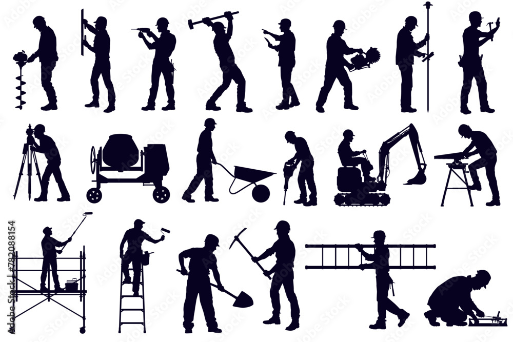 Obraz premium Big set of silhouettes of working builders. Set of eight silhouettes of construction workers